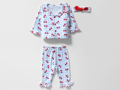 Toptan DOLAŞ Kiraz Baskılı Kız Bebe Pijama Takım MAVİ - Beniz Bebe