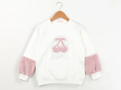 Toptan ENJOY BABY Kıraz Baskılı Taş Detaylı 2 İp Şardonlu Kız Sweat  BEYAZ - Beniz Bebe