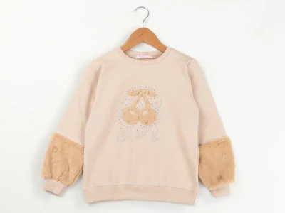 Toptan ENJOY BABY Kıraz Baskılı Taş Detaylı 2 İp Şardonlu Kız Sweat  BEJ - Beniz Bebe