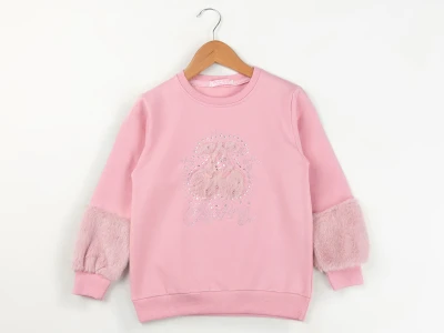 Toptan ENJOY BABY Kıraz Baskılı Taş Detaylı 2 İp Şardonlu Kız Sweat  PEMBE - Beniz Bebe