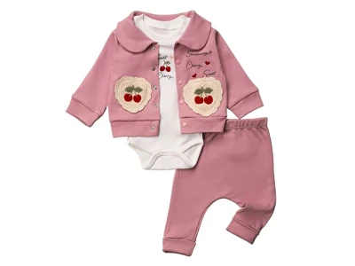 Toptan HOPY BABY Kiraz Detay Kız Bebek 3'lü Takım - Toptan Çocuk Giyim Beniz Kids