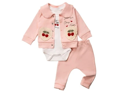 Toptan HOPY BABY Kiraz Detay Kız Bebek 3'lü Takım PUDRA - Beniz Bebe