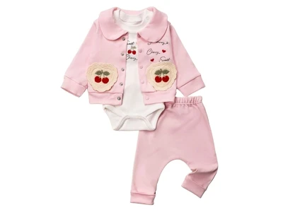 Toptan HOPY BABY Kiraz Detay Kız Bebek 3'lü Takım PEMBE - Beniz Bebe