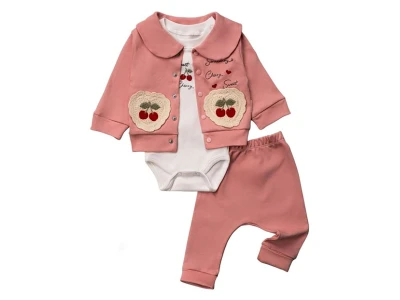 Toptan HOPY BABY Kiraz Detay Kız Bebek 3'lü Takım NARÇİÇEĞİ - Beniz Bebe