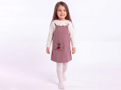 Toptan ÇİLEK BEBE Kiraz Detaylı Kadife Kız Jilet Set GÜLKURUSU - Beniz Bebe