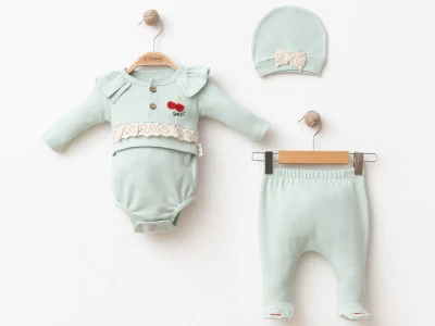 Toptan COŞAY BABY Kiraz Nakışlı Şapkalı Dantel İşlemeli Kız Bebe Takım  SUYEŞİLİ - Beniz Bebe