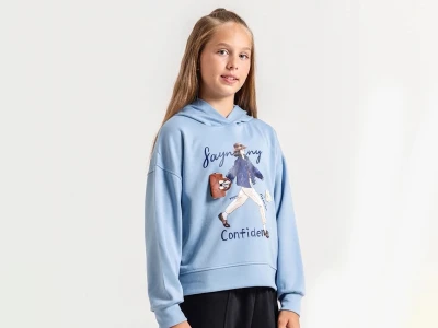 Toptan ÖZ BEBE Kız Baskılı Çanta Detaylı Kız Sweat  - Toptan Çocuk Giyim Beniz Kids