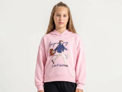 Toptan ÖZ BEBE Kız Baskılı Çanta Detaylı Kız Sweat  PEMBE - Beniz Bebe