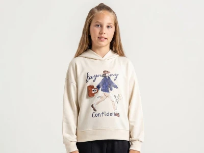 Toptan ÖZ BEBE Kız Baskılı Çanta Detaylı Kız Sweat  KREM - Beniz Bebe