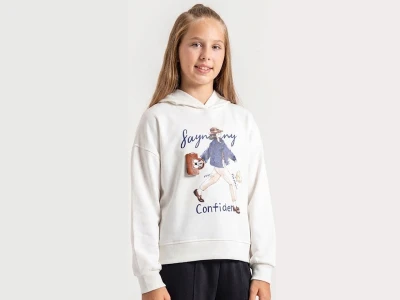 Toptan ÖZ BEBE Kız Baskılı Çanta Detaylı Kız Sweat  BEYAZ - Beniz Bebe