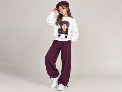 Toptan ÖZ BEBE Kız Baskılı Çiçek Detaylı Şardonsuz Kız Takım  - Toptan Çocuk Giyim Beniz Kids