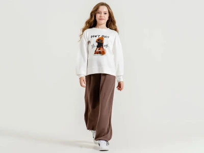 Toptan ÖZ BEBE Kız Baskılı Ponpon Detaylı Kız Takım  - Toptan Çocuk Giyim Beniz Kids