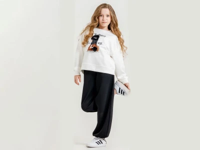 Toptan ÖZ BEBE Kız Baskılı Ponpon Detaylı Kız Takım  Black - Beniz Bebe