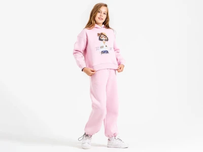 Toptan ÖZ BEBE Kız Baskılı Şardonlu 3 İp Kız Takım PEMBE - Beniz Bebe