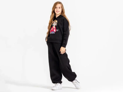 Toptan ÖZ BEBE Kız Baskılı Şardonlu 3 İp Kız Takım SİYAH - Beniz Bebe