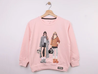 Toptan STAR FİLE Kız Baskılı Taş Detaylı Kız Sweat  PUDRA - Beniz Bebe