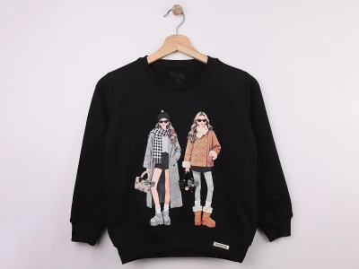 Toptan STAR FİLE Kız Baskılı Taş Detaylı Kız Sweat  SİYAH - Beniz Bebe