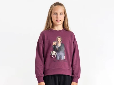 Toptan ÖZ BEBE Kız Baskılı Taş Detaylı Kız Sweat  - Toptan Çocuk Giyim Beniz Kids