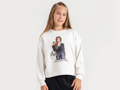Toptan ÖZ BEBE Kız Baskılı Taş Detaylı Kız Sweat  BEYAZ - Beniz Bebe