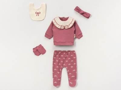 Toptan VOVİDO Kız Bebe 5li Hastane Çıkışı Zıbın Set Rose - Beniz Bebe