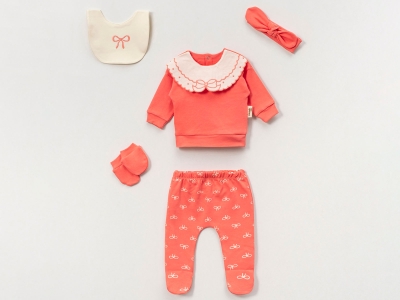Toptan VOVİDO Kız Bebe 5li Hastane Çıkışı Zıbın Set TURUNCU - Beniz Bebe
