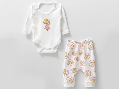 Toptan NAYINOM Kız Nakışlı Papatya Desenli Kız Bebe Takım  BEYAZ - Beniz Bebe