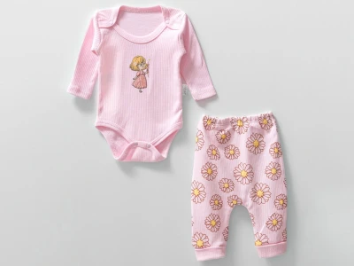 Toptan NAYINOM Kız Nakışlı Papatya Desenli Kız Bebe Takım  PEMBE - Beniz Bebe