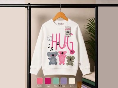 Toptan SFK TEKSTİL (İKRA) Koala Hug Basklılı 2 İp Şardonsuz Kız Sweat  - Toptan Çocuk Giyim Beniz Kids
