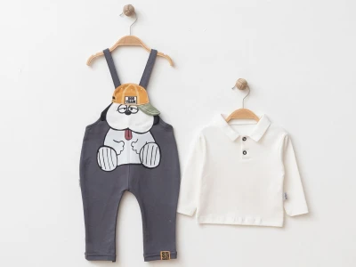 Toptan BEBİNNİ Köpek Baskılı Armalı Erkek Bebe Salopet Takım  FÜME - Beniz Bebe