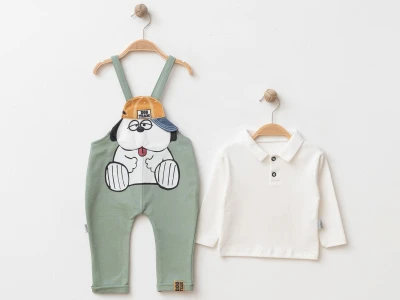 Toptan BEBİNNİ Köpek Baskılı Armalı Erkek Bebe Salopet Takım  SUYEŞİLİ - Beniz Bebe