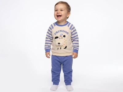 Toptan KARACON Köpek Baskılı Çizgili Erkek Takım  - Toptan Çocuk Giyim Beniz Kids