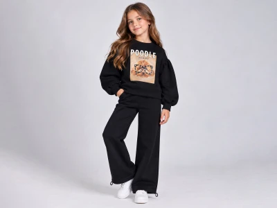 Toptan ÖZ BEBE Köpek Baskılı Şardonlu 3 İp Kız Takım - Toptan Çocuk Giyim Beniz Kids