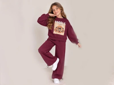 Toptan ÖZ BEBE Köpek Baskılı Şardonlu 3 İp Kız Takım BORDO - Beniz Bebe