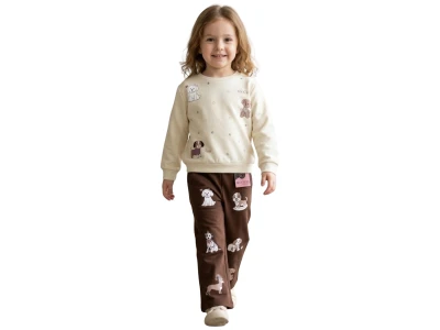Toptan LADY GOLD Köpek Desenli Oysho Kız Takım  - Toptan Çocuk Giyim Beniz Kids