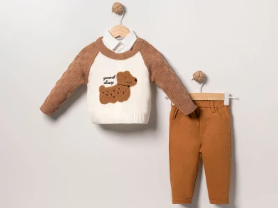 Toptan EYMUS Köpek Detay 3'lü Erkek Bebek Takım CAMEL - Beniz Bebe