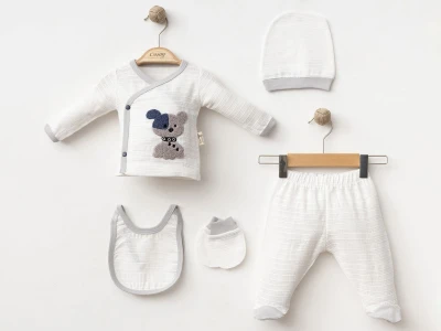 Toptan COŞAY BABY Köpek Nakışlı Erkek Bebe Hastane Çıkışı 5'li Set - Toptan Çocuk Giyim Beniz Kids