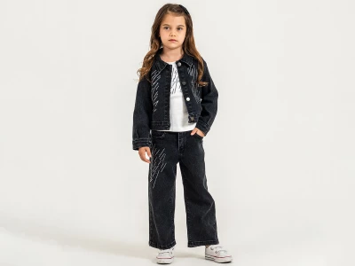Toptan PAMPAL KİDS Kot Ceketli Cizgi Detay 3'lü Kız Takım - Toptan Çocuk Giyim Beniz Kids