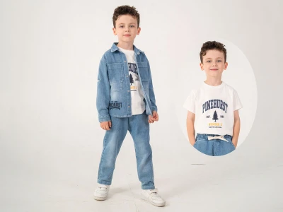 Toptan LESSOTTO Kot Ceketli Üçlü Erkek Takım - Toptan Çocuk Giyim Beniz Kids