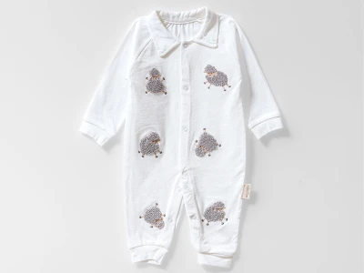 Toptan BAM-BİNO Koyun Desenli Erkek Bebe Tulum  White - Beniz Bebe