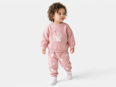 Toptan VOVİDO Kuğu Baskılı Şardonlu 3 İp Kız Takım PUDRA - Beniz Bebe