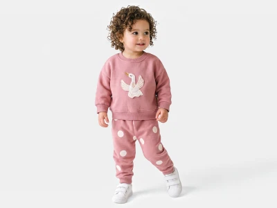 Toptan VOVİDO Kuğu Baskılı Şardonlu 3 İp Kız Takım GÜLKURUSU - Beniz Bebe