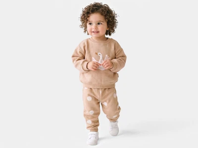 Toptan VOVİDO Kuğu Baskılı Şardonlu 3 İp Kız Takım BEJ - Beniz Bebe