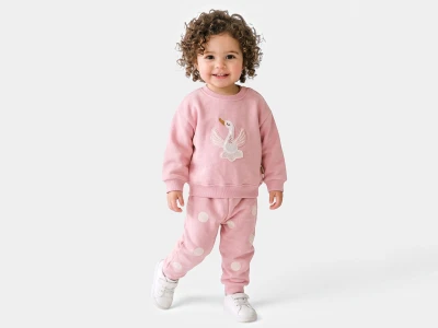 Toptan VOVİDO Kuğu Baskılı Şardonlu 3 İp Kız Takım AÇIKPEMBE - Beniz Bebe