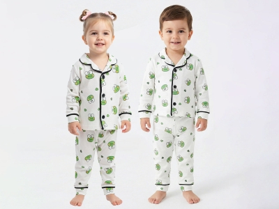 Kurbağa Desenli Yakalı Unisex Pijama Takım