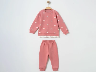 Toptan ÇITIR KİDS Kurdele Desenli 3 İp Şardonlu Kız Bebe Takım  - Toptan Çocuk Giyim Beniz Kids