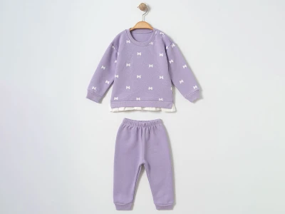 Toptan ÇITIR KİDS Kurdele Desenli 3 İp Şardonlu Kız Bebe Takım  LİLA - Beniz Bebe