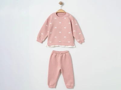 Toptan ÇITIR KİDS Kurdele Desenli 3 İp Şardonlu Kız Bebe Takım  PUDRA - Beniz Bebe