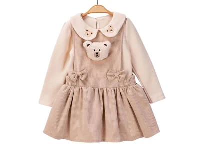Toptan AYD KİDS Kurdele Detay Kız Çocuk Elbise Beige - Beniz Bebe