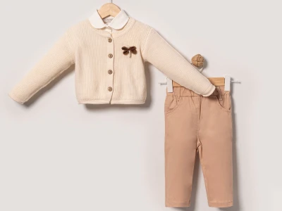 Toptan EYMUS Kurdele Detay Trikolu 3'lü Kız Bebek Takım CAMEL - Beniz Bebe