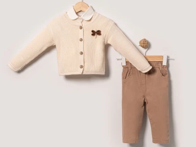 Toptan EYMUS Kurdele Detay Trikolu 3'lü Kız Bebek Takım KAHVERENGİ - Beniz Bebe